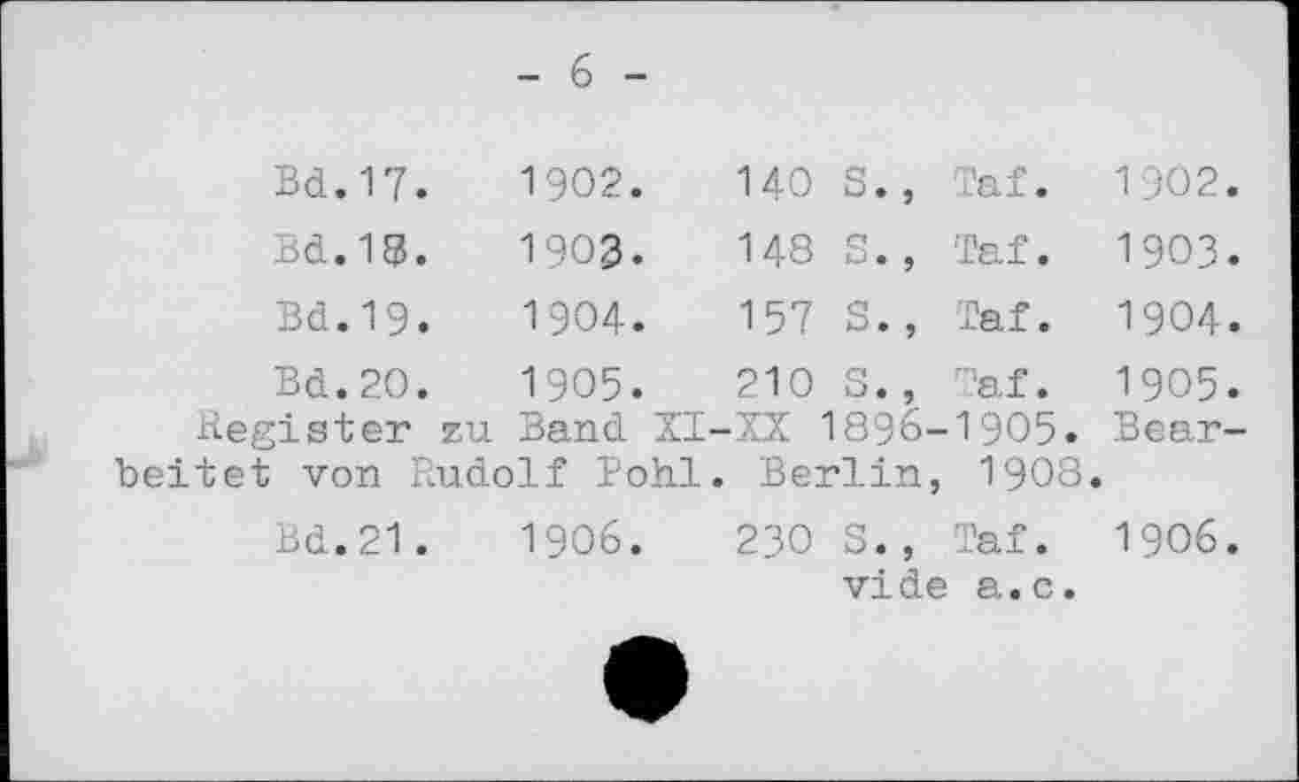 ﻿- 6 -
Bd.17. Bd.18.	1902. 1903.	140 S., Taf. 148 S., Taf.	1902. 1903.
Bd.19.	1904.	157 S., Taf.	1904.
Bd.20.	1905.	210 S., Taf.	1905.
Register zu	Band XI-	-XX I896-1905.	Bear-
beitet von Rudolf Pohl. Berlin, 1908.
Bd.21.	1906.	23OS., Taf. 1906.
vide a.c.